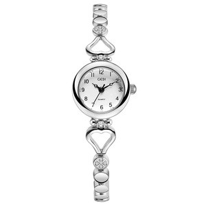 Elegant silver quartz watch for women with heart-shaped metal strap and crystal accents