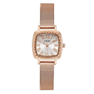 Retro square quartz watch for women with rose gold braided bezel and mesh steel strap