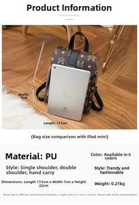 Size specifications of a brown PU leather mini backpack with an iPad mini for comparison