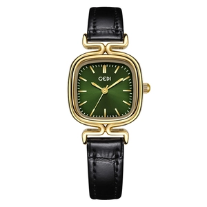 Elegant women's quartz watch with green sunray dial and black leather strap