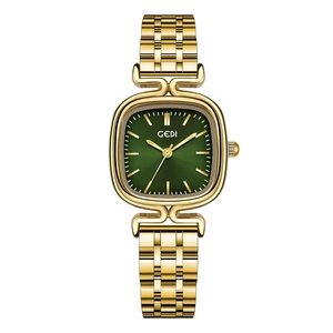 Élégante montre femme GEDI dorée avec cadran carré vert vintage et bracelet en acier
