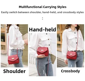 Three-way display of red crocodile pattern shoulder bag with pearl handle details