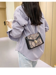 Detail shot of a small snake-print crossbody bag with a gold buckle and metal chain strap