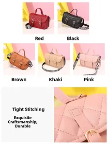 Multi-color quilted shoulder bags with wide straps in red, black, brown, khaki, and pink