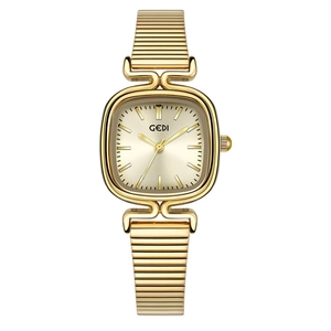 Montre Gedi dorée élégante pour femme avec boîtier rectangulaire et bracelet côtelé