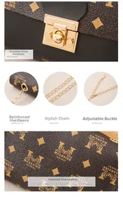 Detail of vintage brown lychee leather texture and golden metal square lock on a chain bag