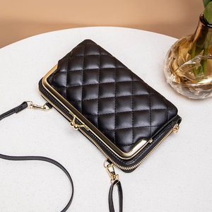 Black quilted rhombic crossbody phone bag with gold clasp and leather shoulder strap