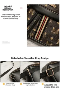 Detail showing the adjustable black strap installation for this brown printed crossbody bag