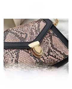 Close-up of color-block snake pattern leather with elegant gold shield hardware lock