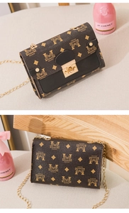 Detailed views of crossbody bag with gold chain, monogram pattern and turn-lock closure