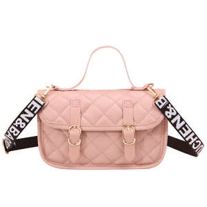Pink quilted messenger bag with gold buckles and chic adjustable wide shoulder strap