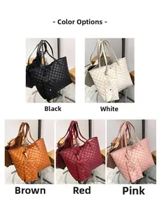 Quilted lattice tote bag set shown in black white brown red and pink color options