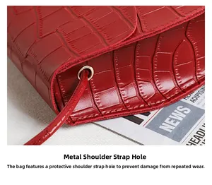 Close-up of metal shoulder strap eyelet on red crocodile pattern shoulder bag