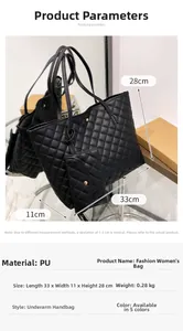 Detailed size parameters of large quilted tote bag with matching inner pouch and dimensions