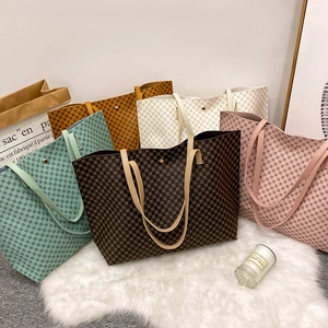 Retro Geometric Print Tote Bag And Pouch PU Leather Large Capacity Women Shoulder Handbag Vintage Style