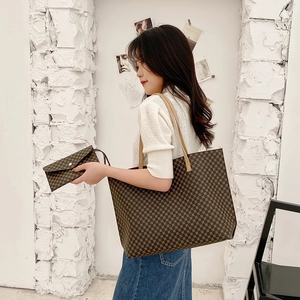Vintage brown patterned tote bag set with matching pouch and slim straps for women