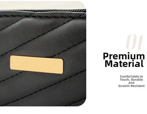 Détails de la texture matelassée noire et plaque en métal doré sur le sac à main