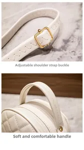 Detail view of cream quilted bag with adjustable metal buckle and soft handle straps