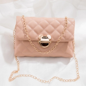 Pink quilted crossbody bag featuring a golden Mickey Mouse shaped lock and chain strap