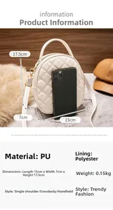 Detailed view of white quilted round PU bag with size measurements and phone comparison