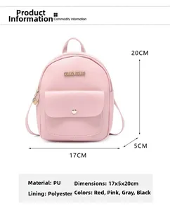 Detail view of pink PU leather backpack with dimensions 17cm width and 20cm height