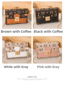 Four elegant crossbody chain bags in different colors featuring geometric patterns