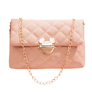 Quilted light pink crossbody bag with iconic Mickey metal twist lock and chain strap