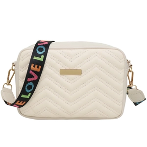Cream crossbody camera bag with V-quilted pattern and colorful LOVE printed strap