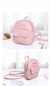 Pink mini backpack detail featuring matte PU leather, front flap pocket, and gold hardware