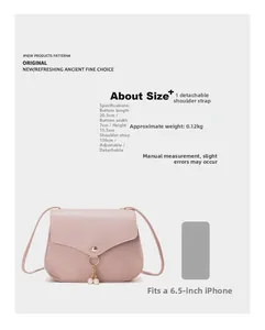 Detailed size chart for pink crossbody bag showing dimensions and adjustable strap specs