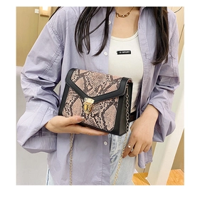 Detail of snake skin pattern crossbody bag with gold lock and metal chain strap
