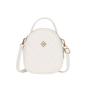 White quilted leather crossbody bag with gold clover buckle and semi-circle handle