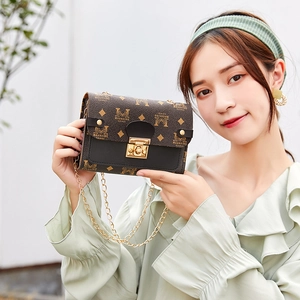 Classic small crossbody bag with brown monogram pattern and gold chain strap shown on model