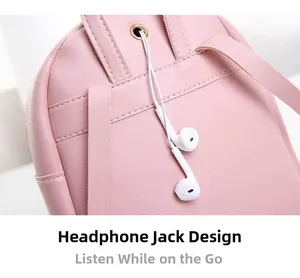 Detail showing the headphone port and lychee grain leather texture on the pink backpack