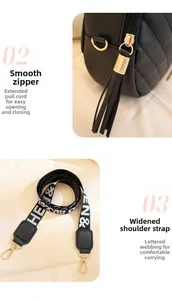 Detail of smooth gold zipper with long tassel and wide lettered strap on black shoulder bag
