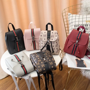 Women Mini Backpack PU Leather Drawstring Buckle Vintage Monogram Pattern Striped Webbing Fashion Casual Travel Bag