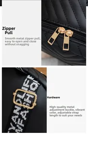 Detailed view of golden zippers and adjustable woven shoulder strap on black quilted backpack