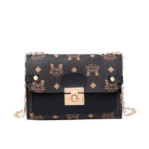 Vintage style brown monogram crossbody chain bag with golden lock and leather finish