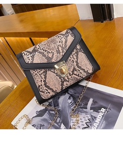 Close-up of snakeskin pattern shoulder bag with gold metal clasp and chain strap