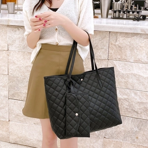Black quilted tote bag with matching small pouch, large capacity PU leather handbag set