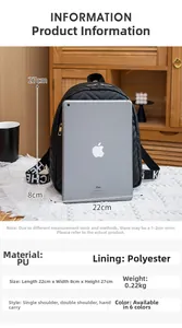 Detailed dimensions for the black quilted small backpack showing 22cm x 8cm x 27cm size