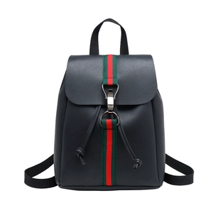 Chic black faux leather backpack with signature red-green stripes and drawstring buckle closure