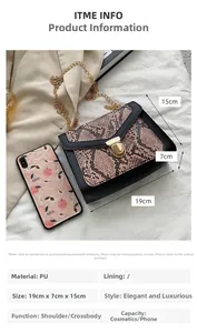 Detailed view of snake print flap PU leather crossbody bag with gold chain strap