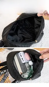 Macro shot showing large storage capacity of black quilted V-pattern shoulder bag