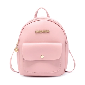 Pink leather mini backpack with golden metal logo and front flap pocket in front view