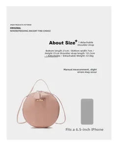 Spécifications de taille du sac bandoulière rond rose à texture litchi, diamètre de 21 cm