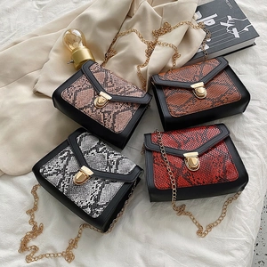 Small Square Crossbody Bag PU Leather Snakeskin Pattern Gold Chain Strap Metal Lock Fashion For Women
