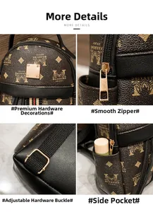 Detailed views of gold hardware, smooth zippers, and side pockets on brown monogram backpack