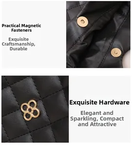 Close-up of golden clover hardware and magnetic snap closure on black quilted tote