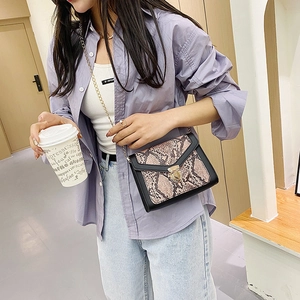 Chic snakeskin print flap crossbody bag with gold chain strap and metal lock closure